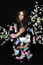 Japanese girl in traditional Japanese kimono, holds sprigs of ch