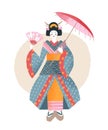 Japanese girl in traditional kimono, Japan symbol, cute woman holding umbrella and fan Royalty Free Stock Photo