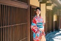 Girl wearing kimono standing in front house Royalty Free Stock Photo