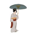 Japanese girls in kimono and with umbrella. vector illustration. Asian traditional beauty woman fashion, art and culture Royalty Free Stock Photo