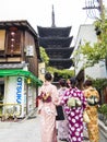 Japanese girls in kimono visiting Kyoto