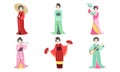 Japanese Girls in Traditional Clothes Set, Asian Woman Wearing a Kimono, Geisha and Kabuki Characters Vector Royalty Free Stock Photo