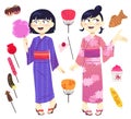 Japanese girls wearing yukata (summer kimonos) during midsummer festival and food set