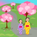 japanese girls in yukata cherry blossom