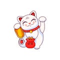 Japanese good luck cat Maneki Neko on a white isolated background. Symbol of wealth. Vector cartoon illustration.