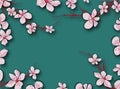 Japanese Green Banner On Pink Background. Fresh Flowers. Spring Decoration. Vintage Texture. Gradient Abstract Background Vector.