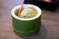 Japanese green tea ice cream in bamboo bowl Royalty Free Stock Photo