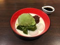 Japanese green tea matcha ice cream with shiratama mochi, jelly Royalty Free Stock Photo