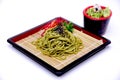 Japanese Greentea Soba Noodles with Dipping Sauce , Cha Soba iso Royalty Free Stock Photo