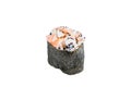 Japanese Gunkan Ebi Sushi with flying fish roe. Gunkan-poppy wrapped in nori seaweed isolated on white background Royalty Free Stock Photo