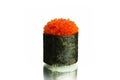 Japanese Gunkan sushi with red flying fish roe tobiko wrapped in nori eaweed isolated on white background with reflection Royalty Free Stock Photo