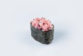 Japanese Gunkan Sushi with tuna and flying fish roe. Gunkan-poppy wrapped in nori seaweed. Royalty Free Stock Photo