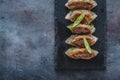 Japanese gyoza dumplings on black stone plate, copy space Royalty Free Stock Photo