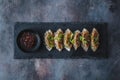 Japanese gyoza dumplings on black stone plate, copy space Royalty Free Stock Photo