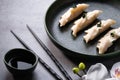 Japanese gyoza dumplings on grey stone table background. Traditional asian food