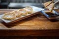 Japanese gyoza served in plate with delicious soy sauce dip Royalty Free Stock Photo