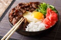 Japanese gyudon beef with rice, egg, ginger and onion close-up.