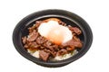 Japanese Gyudon or sliced beef cooked with sauce on rice and Onsen egg isolated on white background 181225 0012 Royalty Free Stock Photo