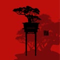 Bonsai tree, black silhouette of bonsai, Detailed image on red background, Vector illustration,