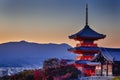 Japanese Heritage. Vivid Sunset Over Kiyomizu-dera Temple Pagoda With Traditional Red Maple Trees in Background in Kyoto, Japan Royalty Free Stock Photo