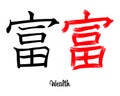 Japanese hieroglyphs. The word Wealth, in black ink and a red grunge brush. Print vector Royalty Free Stock Photo