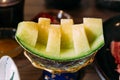 Japanese honeydew melon is cut across all the way with peel. Sweet and tender for appetizer Royalty Free Stock Photo