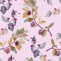 Japanese Honeysuckle and wild plum leaves and ripe berries close up branch, hand painted watercolor illustration, seamless pattern