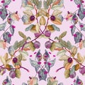Japanese Honeysuckle and wild plum leaves and ripe berries close up branch, hand painted watercolor illustration, seamless pattern