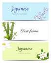 Japanese horizontal banners with bamboo, lilies and fish. Text frame with national symbols for the design of posters and Royalty Free Stock Photo