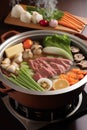 Japanese hot pot with beef, vegetables, mushrooms and tofu on dark background Royalty Free Stock Photo