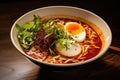 japanese hot ramen noodle with egg on wooden table, Embark on a spicy ramen adventure with a steaming bowl of noodles, vibrant Royalty Free Stock Photo