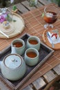 Japanese hot tea with dessert. Traditional teapot confectionery. Royalty Free Stock Photo