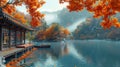 Japanese House stands on a pier near a lake with a boat in the water Royalty Free Stock Photo