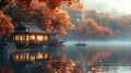 Japanese House stands on a pier near a lake with a boat in the water Royalty Free Stock Photo