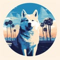 Japanese Husky At The Beach: Vibrant Poster Art With Palm Trees