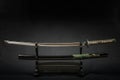 Japanese iaido sword in black wooden stand and black background.