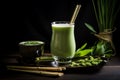 Japanese iced matcha latte, green tea with milk, soy milk, traditional matcha tools Royalty Free Stock Photo