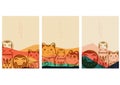 Japanese icon with landscape background vector. Beckoning cat, Charming dog doll and Japanese wooden doll elements.