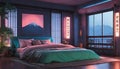 A Japanese-inspired bedroom with neon lights creating a tranquil and zen