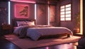 A Japanese-inspired bedroom with neon lights creating a tranquil and zen