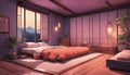 A Japanese-inspired bedroom with neon lights creating a tranquil and zen