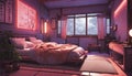 A Japanese-inspired bedroom with neon lights creating a tranquil and zen