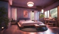 A Japanese-inspired bedroom with neon lights creating a tranquil and zen