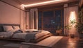 A Japanese-inspired bedroom with neon lights creating a tranquil and zen