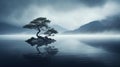 Japanese-inspired Moody Atmosphere: Lone Tree On Island With Serene Seascapes