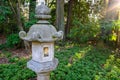 Japanese inspired pagoda lantern in a woodland garden, sunbeams shining in