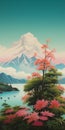 Japanese-inspired Painting Of Mountains And Flowers In Light Red And Teal