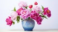 Japanese-inspired Pink Peony Arrangement In Blue Vase Royalty Free Stock Photo