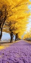 Japanese-inspired Road With Beautiful Yellow Leaves And Purple Trees