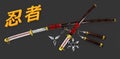 Japanese Katana. Samurai set Isolated weapons whit 3d Ninja word